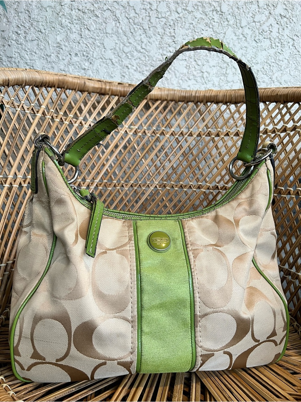 Coach Beige Signature Canvas Shoulder Bag with Green Trim